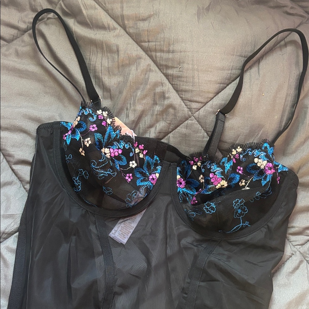 Savage X Fenty Black Bodysuit with Blue Embroidery